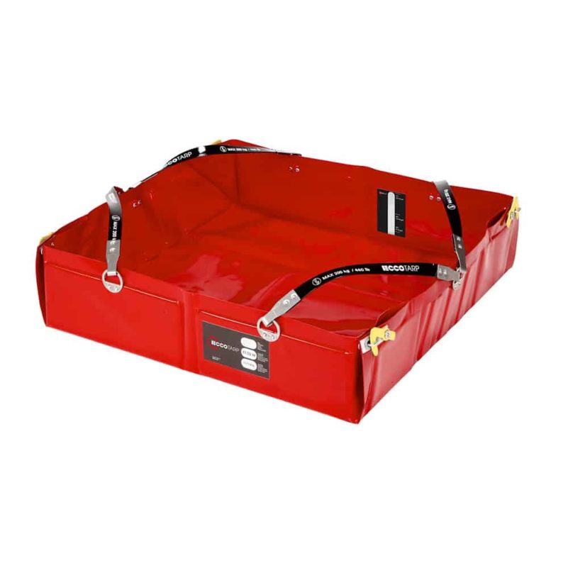 Red collapsible spill containment tray with straps.