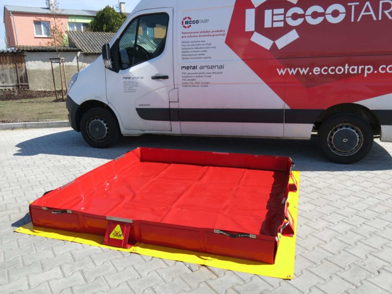 Foldable containment pool next to Eccotarp company van.