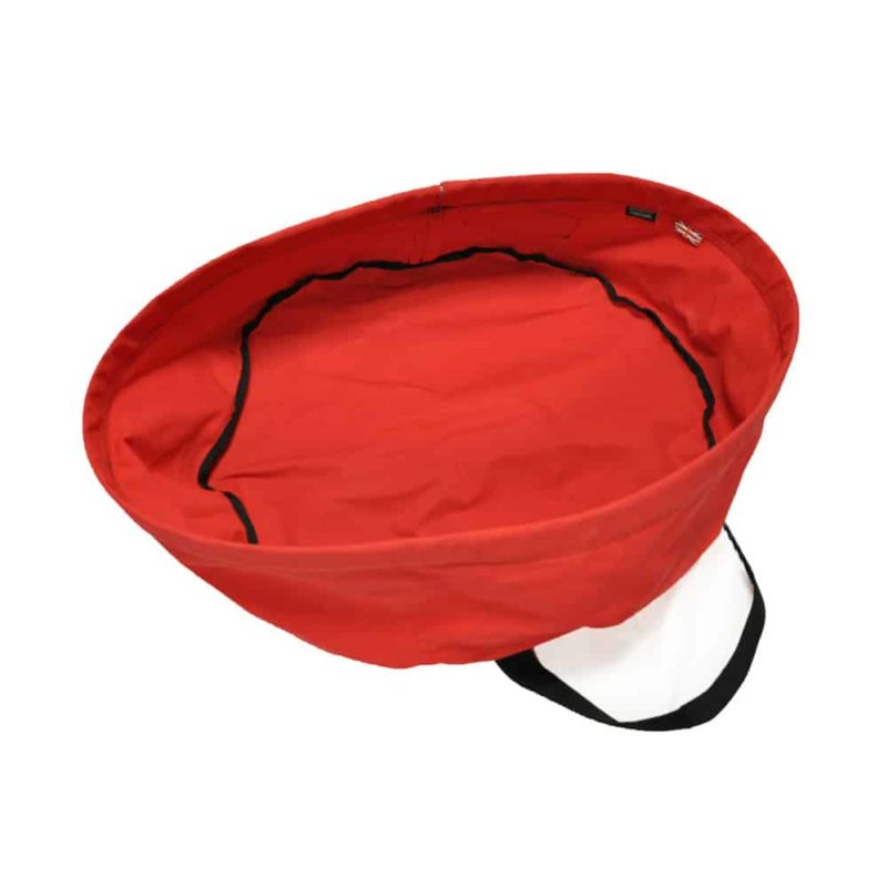 Red fabric collapsible bucket with handle.