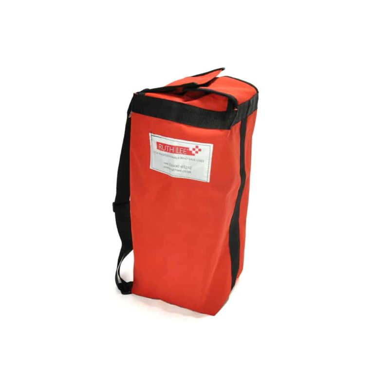 Red emergency bag with shoulder strap.