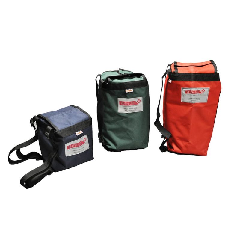 Three coloured carry bags with shoulder straps.