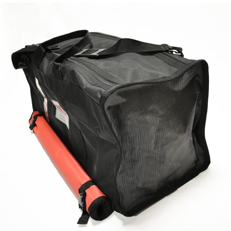 Black travel duffel bag with red attached mat.