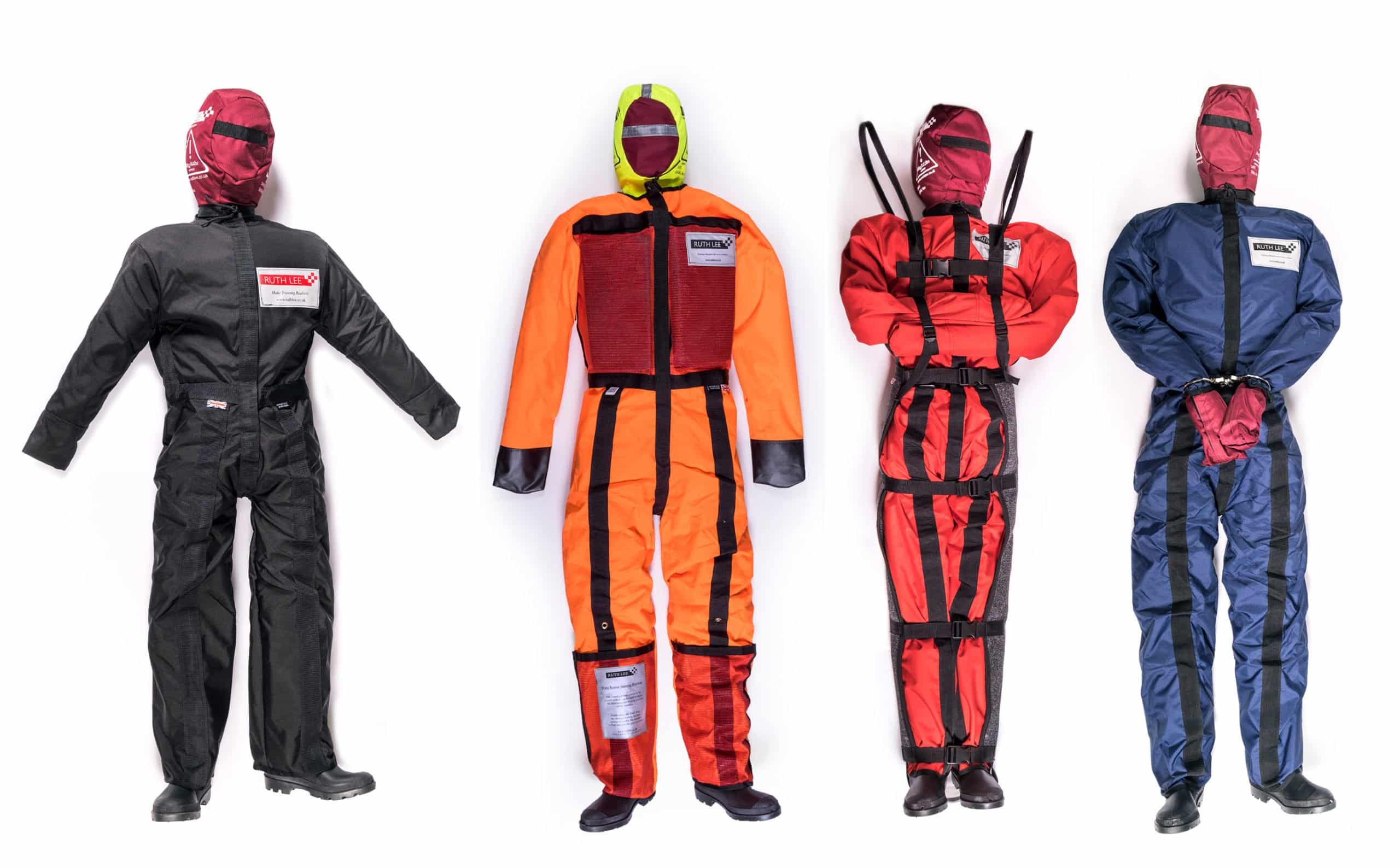 Rescue training manikins in various coloured outfits.