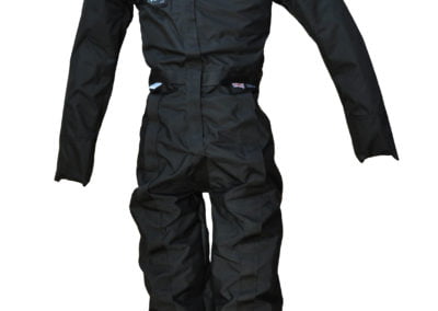 Black protective suit with mask and boots.