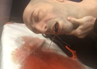 Mannequin with head injury and fake blood demonstration.