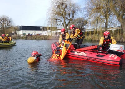 Rescue team practicing water rescue in river.