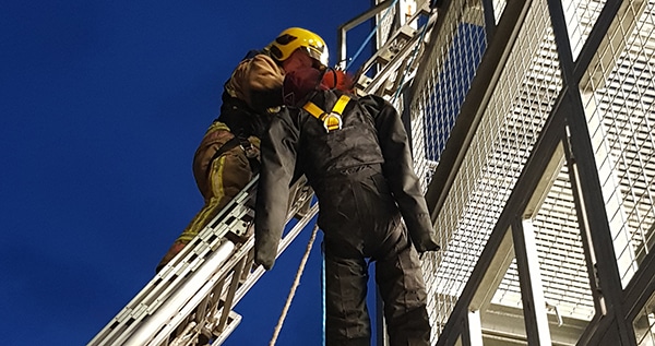 Firefighter rescuing person on ladder at night.